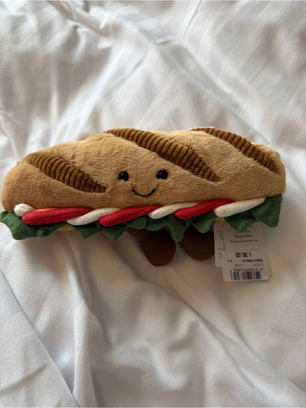 Jellycat Caprese Brown Plush Baguette Sandwich with Green Lettuce and Red Detail